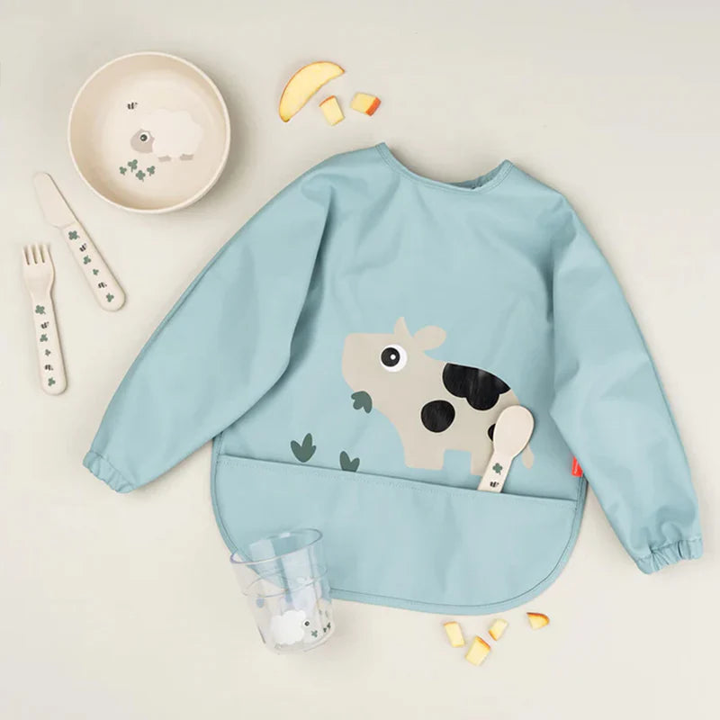 Babero grande con mangas y bolsillo Tiny Farm azul 6-18 meses